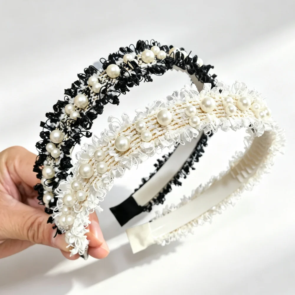 Women Pearl Lace Headband Elegant Frayed Tweed Hair Hoop Vintage Luxury Beaded Hairband Girls Fashion Party Daily Hair Accessori