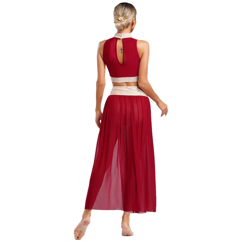 المرأة لامعة الراين الحديثة ملابس رقص غنائية بلا أكمام المحاصيل الأعلى مع شبكة تنورة الفالس قاعة الرقص المنافسة الزي