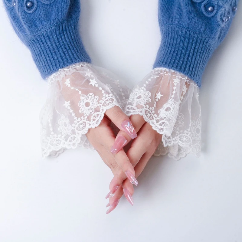 الدانتيل الأبيض تكدرت الأكمام وهمية شبكة مطرزة انفصال المعصم الأصفاد الزفاف حفل زفاف لوليتا زي التبعي