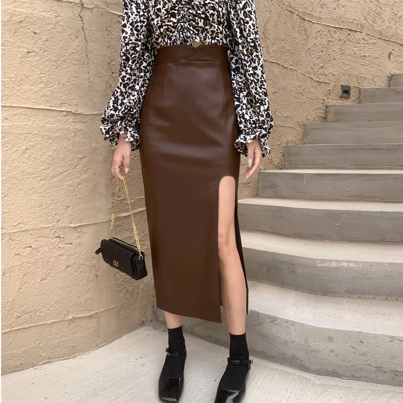 

PU Leather skirt women2023 autumn and winter new high-waisted long slimming slit pencil skirt