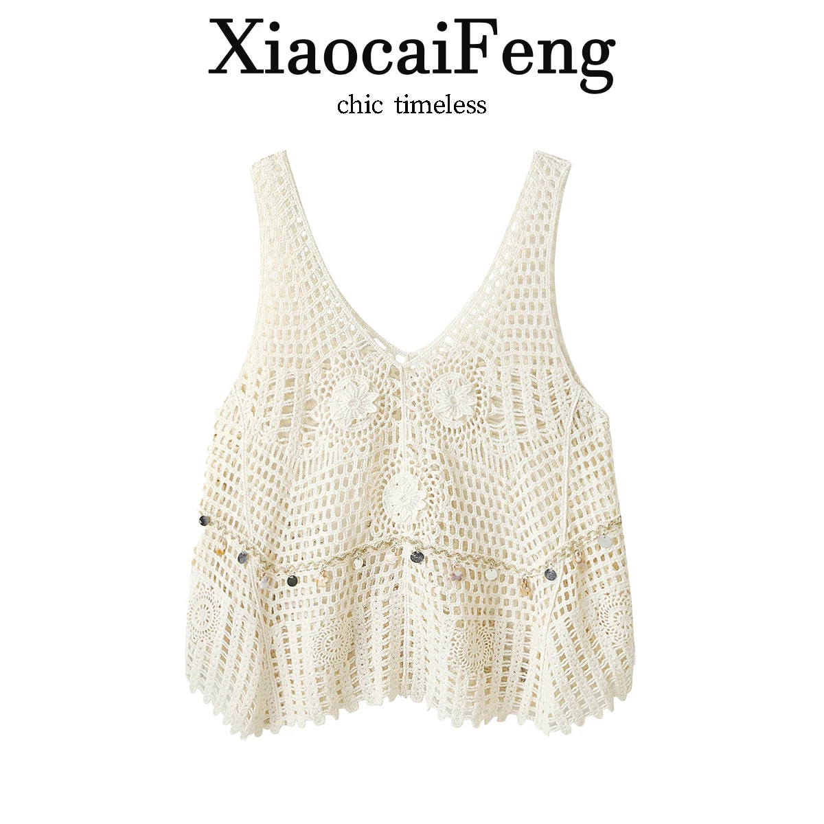 Bohemian Style Women's Knitted Hollow out Sequin Vest Summer Outerwear Short Sleeve V-Neck Camisole Breathable Embroidered Top