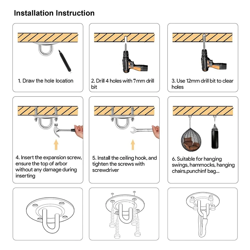 Swing Suspension Hardware,Suspension Ceiling Hook, 360° Rotating Heavy Hook,For Porch Chair Yoga Hammock Gym Swing,Etc