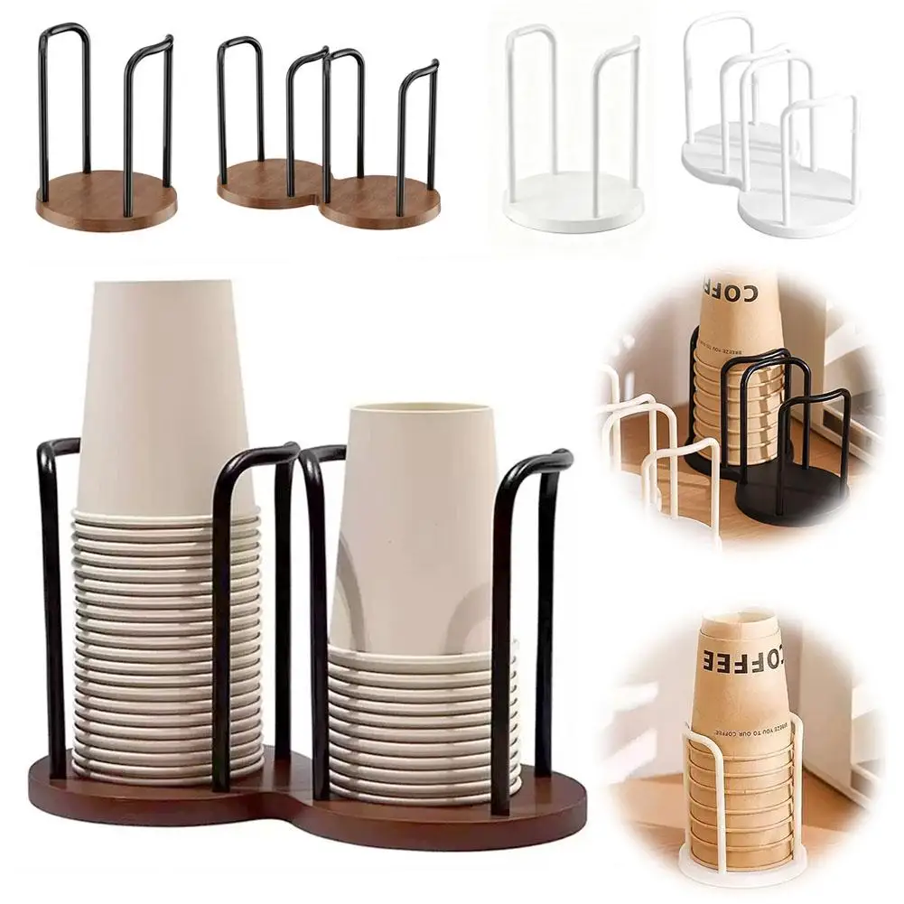 Dual Position Paper Cup Dispenser Holder Wooden Base Metal Frame Disposable Coffee Cup Storage Rack Office Kitchen