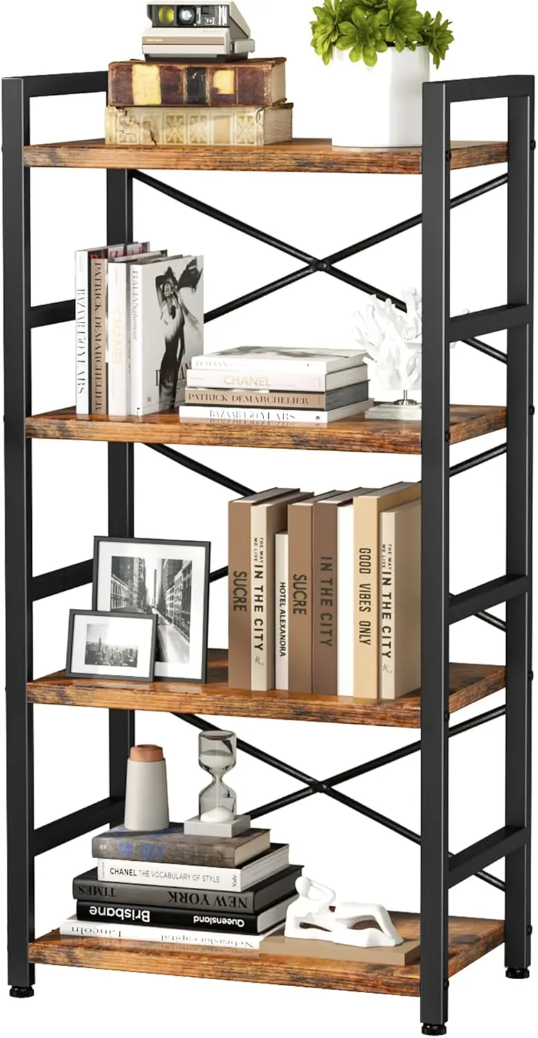 

4-Tier Rustic Metal Bookcase, Compact Storage Shelf for Living Room, Bedroom, Home Office