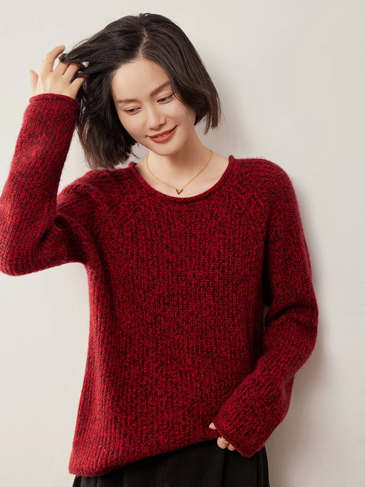 

Binding O-Neck 100% Cashmere Knitted Pullovers Chic Basic Soft Long Sleeve Warm Casual Loose Solid Women's Sweater Tops