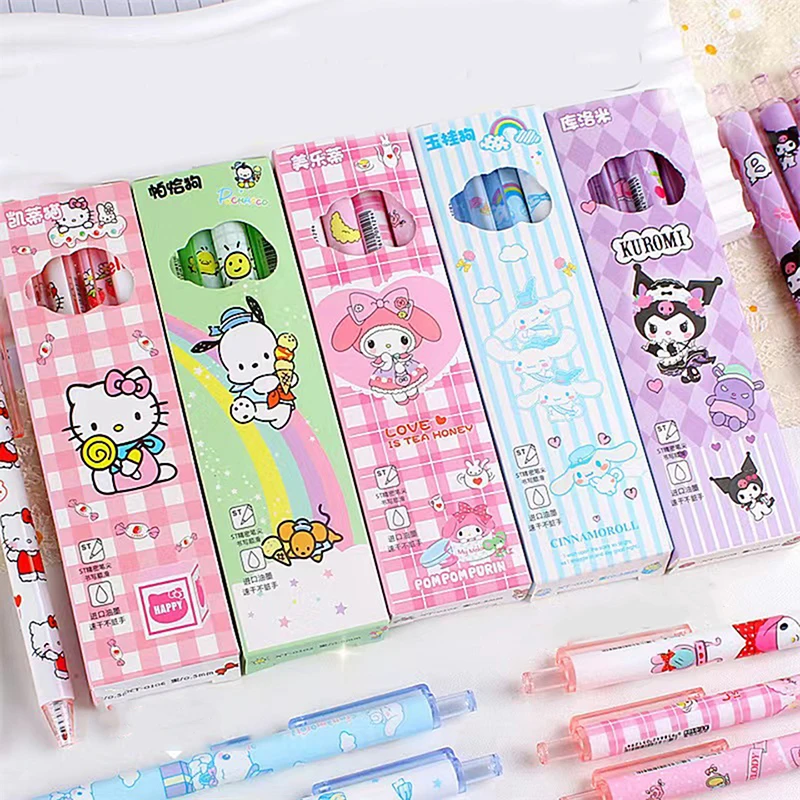 ปากกาเขียน Hello Kitty Kuromi 4กล่อง, ปากกาหมึกเจลการ์ตูนค่าสูงแห้งเร็วปากกาดำอัดสอบ