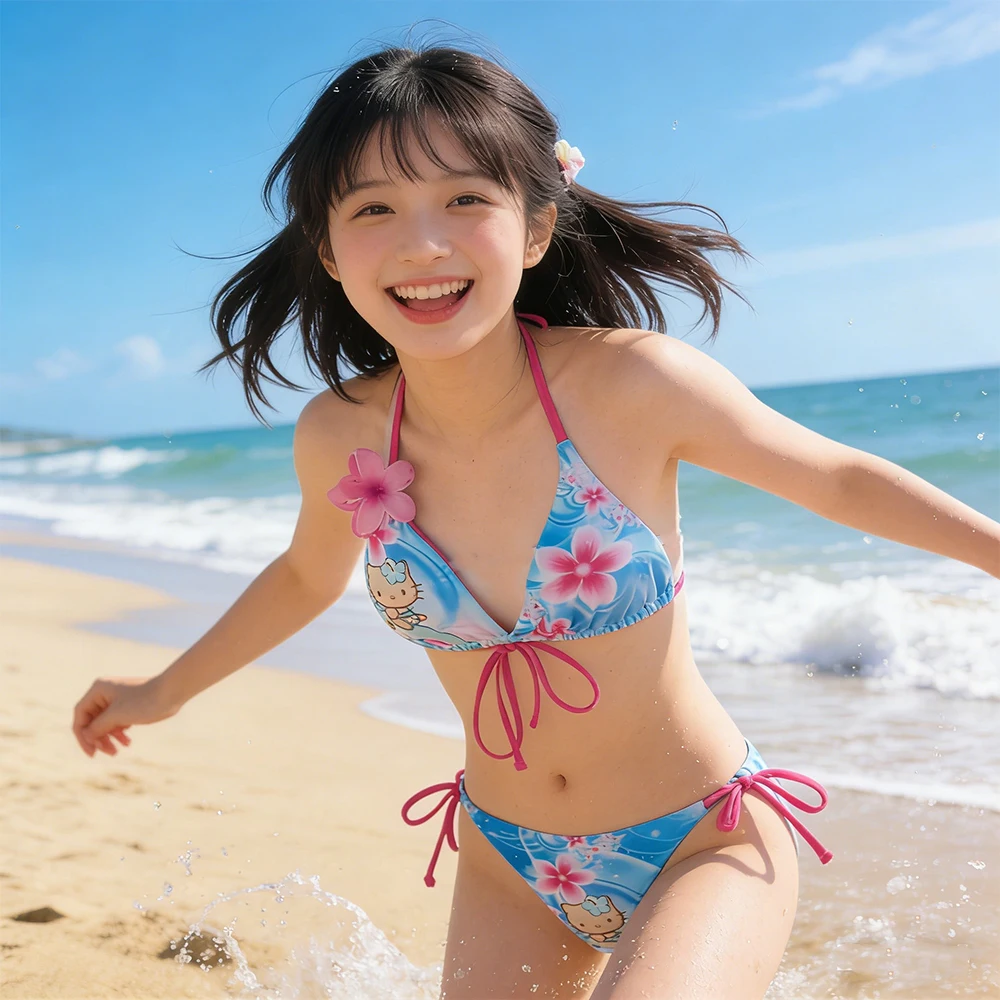 

2Pcs Hello Kitty Floral Print Bikini Set Women Y2K Kawaii Halter Tie Side Swimsuit Summer New Beach Bathing Suit Girls Swimwear