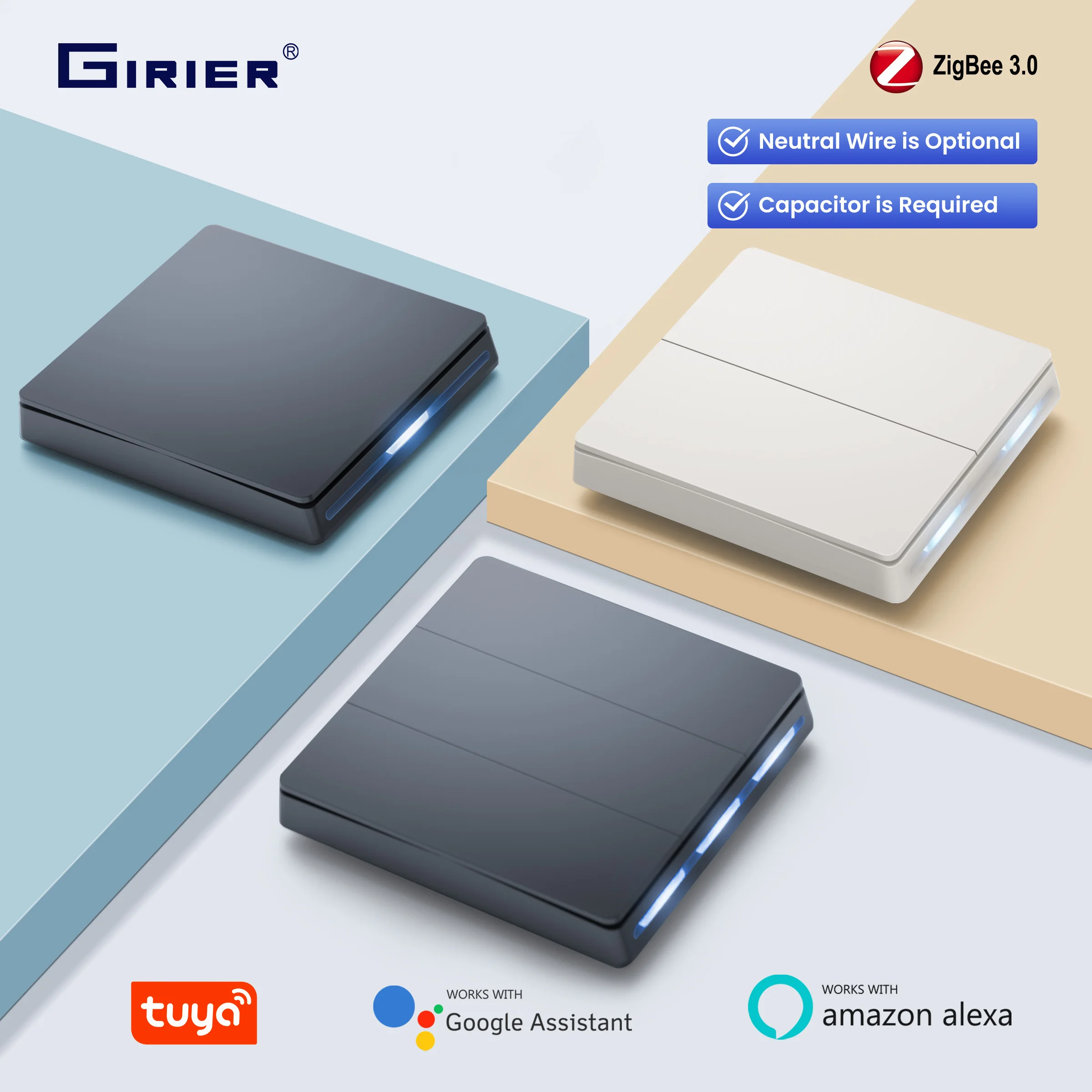 

GIRIER ZigBee Wall Switch Tuya Smart Button Light Switches 1/2/3/4 Gang Neutral/No Neutral Wire Required Works Alexa Hey Google