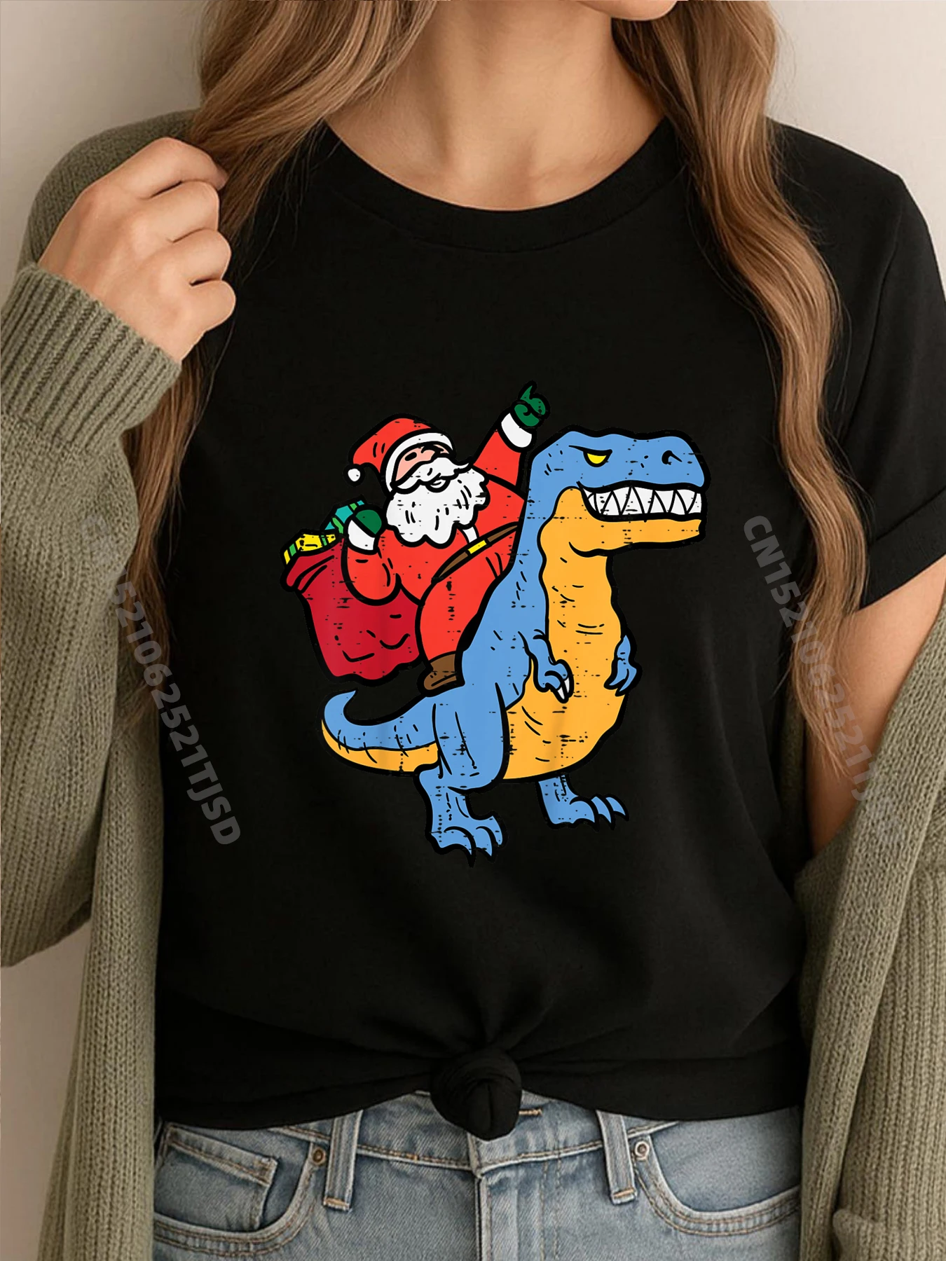 

Kids Christmas Santa On Trex Xmas Dino Youth Toddler Cream T Shirt Men's Cotton T-Shirt Large Size Family