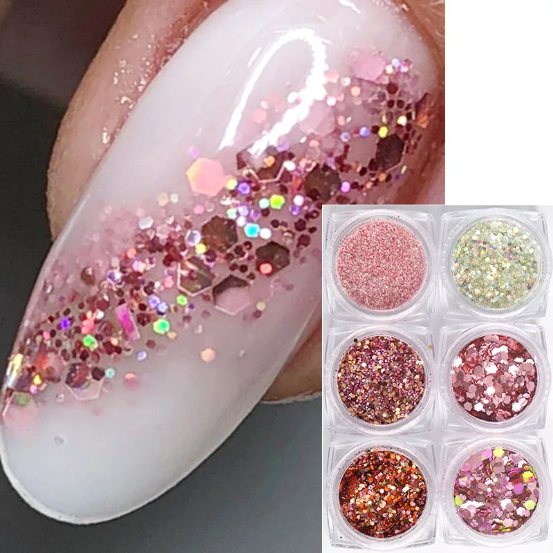 6 Boxes 3D Hexagon Nail Glitter Sequins Dreamy Pink Summer Mermaid Nail Art Sequins Mirror Effect Chrome Powder Flakes Manicure