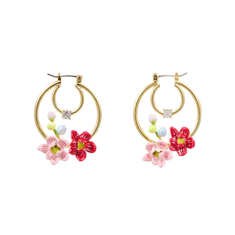 Russia Style Vacation Little Pink Flower Hoop Earrings Hand-painted Enamel Simple Fashion High-end Face Modification Female