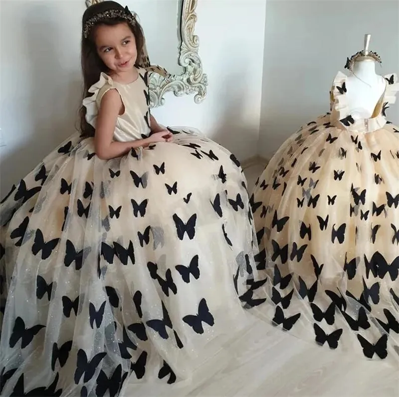 Champagne Tulle Puffy Flower Girl Dresses with Black Butterflies Birthday Costumes Photography Girls Gown Tailor-Made