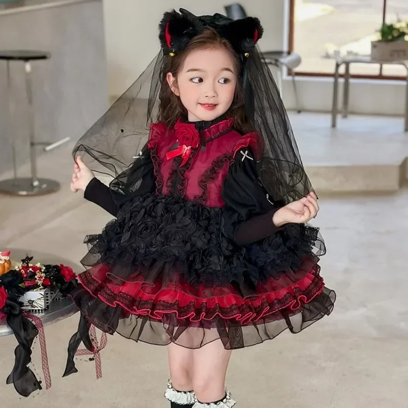 Gaun vampir gadis Halloween untuk anak-anak hantu pengantin wanita gaun Cosplay Gotik Lolita pakaian karnaval pakaian merah hitam