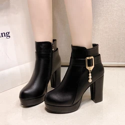 2023Spring/Autumn  Boots Women Ankle  Winter Shoes Women Square Heel Leather Boots Women