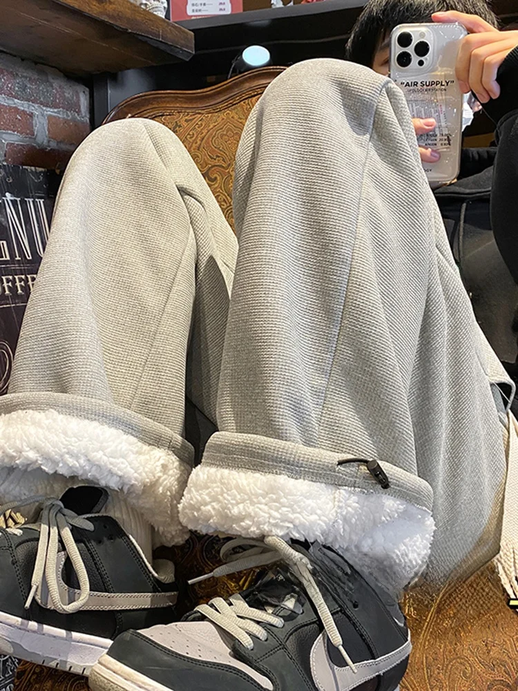 Men's Winter Thickened Fleece Lined Straight Leg Pants Warm Sweatpants Grey Temperature below Zero 40 Degrees Lamb Velvet Tro...