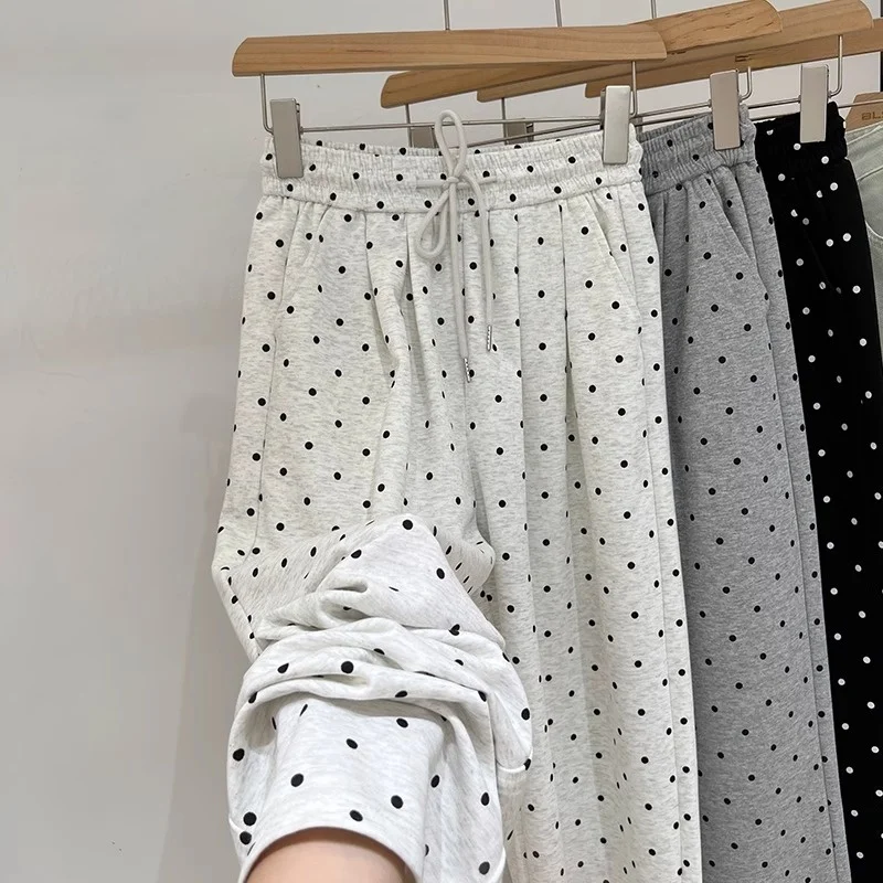 

Large Size ey Polka Dot Casual Wide Leg Pants High Waist Straight Cut Loose Drapey Floor Length Trousers for Men And Women