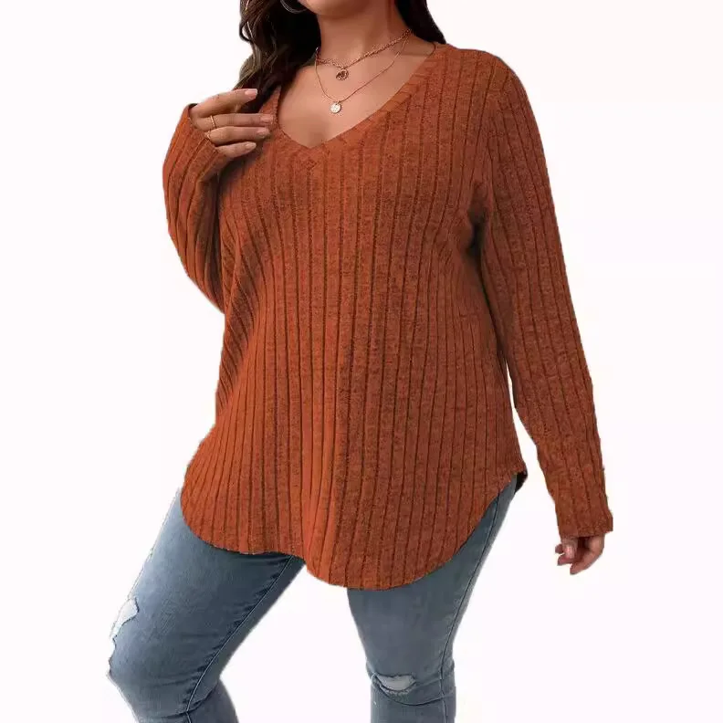 plus size autumn and winter new solid color large size women\'s top V neck long sleeve pit strip polished T-shirt loose pullover