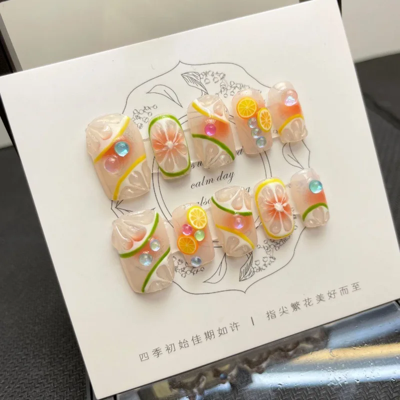 10 Pcs Luxury Handmade Press on Nails Middle Ballet Lemon Blush Design False Nails with 4-Piece Tool Adhesive Nail Glue Tabs