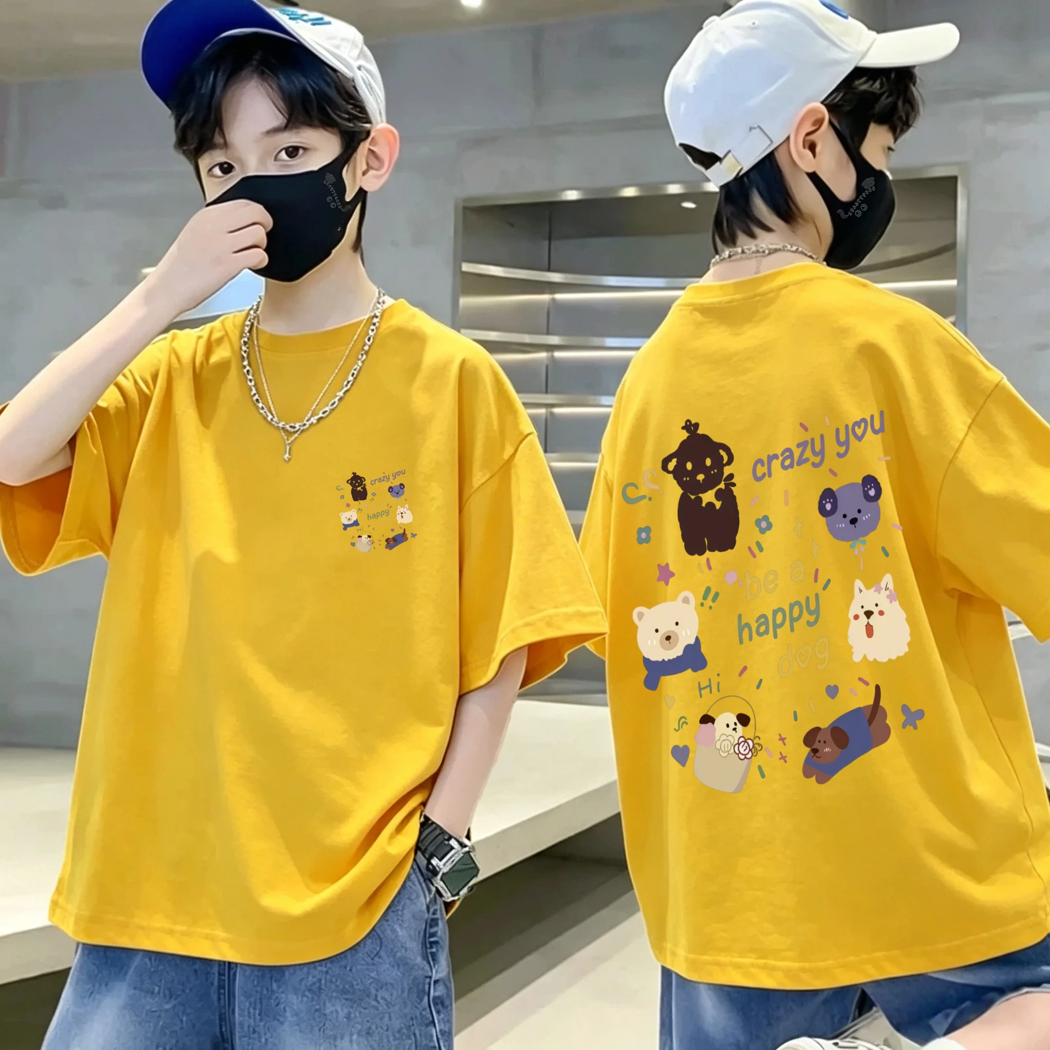 Fashionable, cute cat and dog small flower print children's pure cotton T-shirt for boys and girls, comfortable top for children