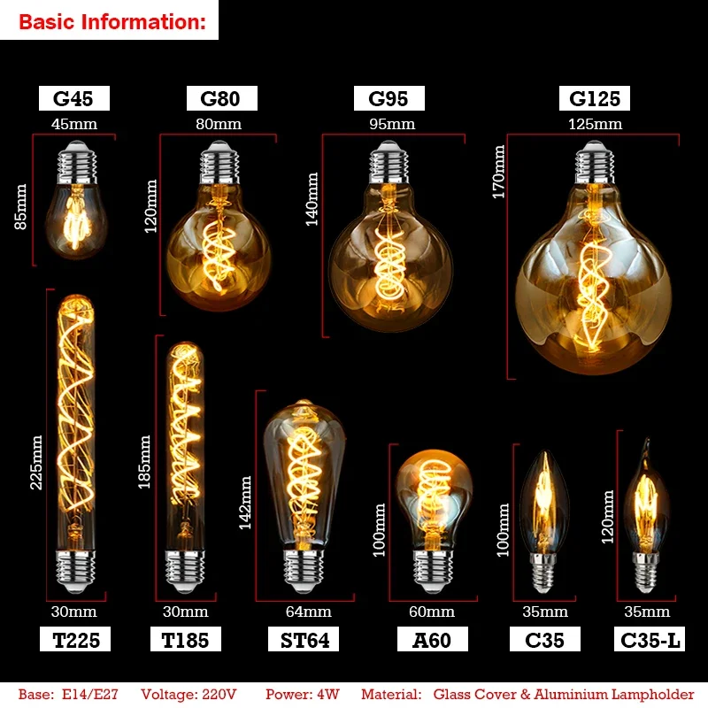 4Pcs Retro Dimmable LED Edison Bulb E27 E14 Gold Spiral Filament 4W Ampoule LED Lamp Incandescent Chandelier Decorative Lighting