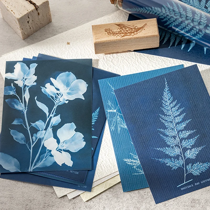 Mr. Paper 20pcs Enchanting Blue Floral Shadows Dual-Material Paper Artistic Printed Journal Inserts Photo Album Collage Decor