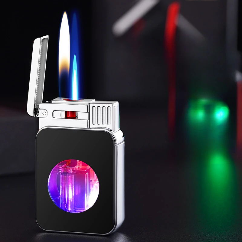 2023 Cool Dual Flame Switching Lighter Color Light Visible Transom Butane Direct Injection Turbo Jet Lighter Men's Gift