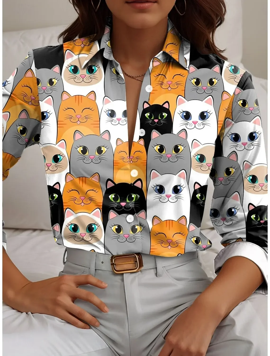 

Spring Autumn Women's Shirts Funny Fashion Animal Cat Graphic Stylish Casual Long Sleeve Shirt Tops Blouses Daily Women Clothing