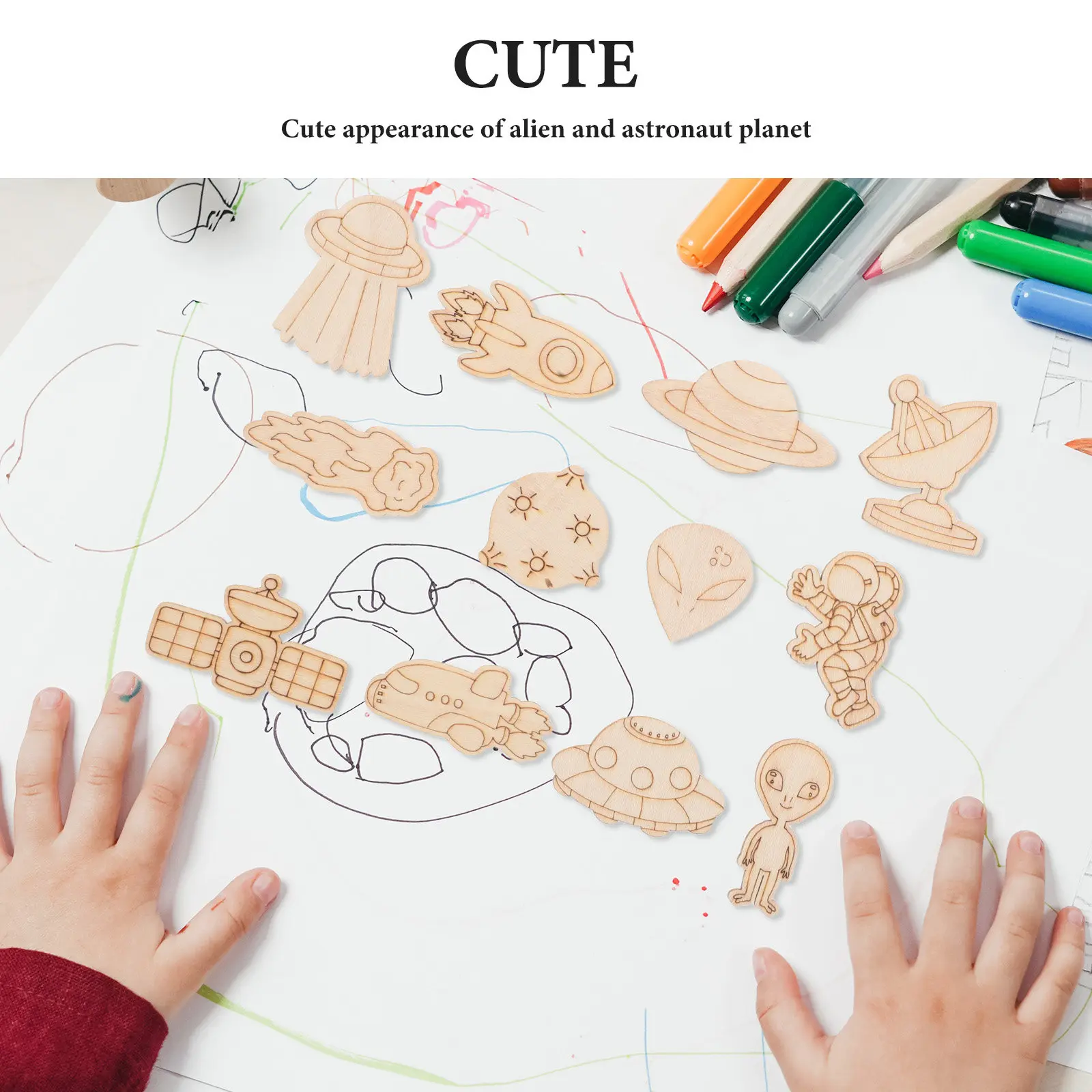 100pcs Blank Wooden Spaceship Pieces for Kids DIY Craft, Space Painting Kit, Party Favors & Playroom Decor