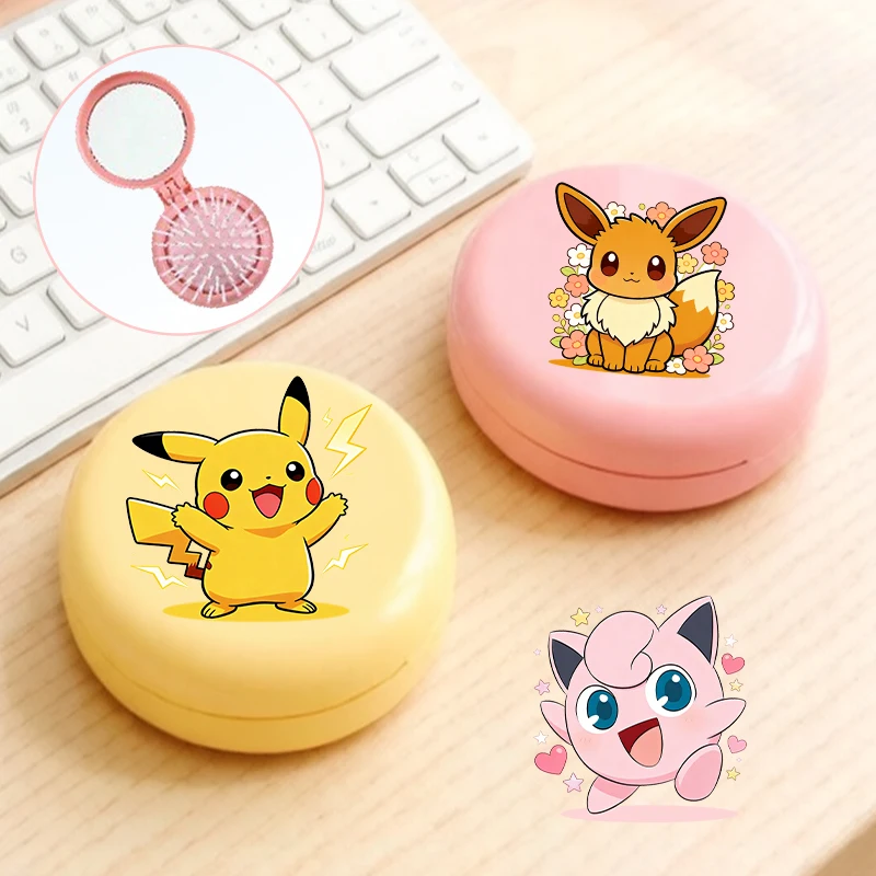 

Pokemons for Woman Cute Folded Comb Mirror Solid Macaron Kids Game Anime Airbag Portable Hair with Mirror Massage Comb Girl Gift