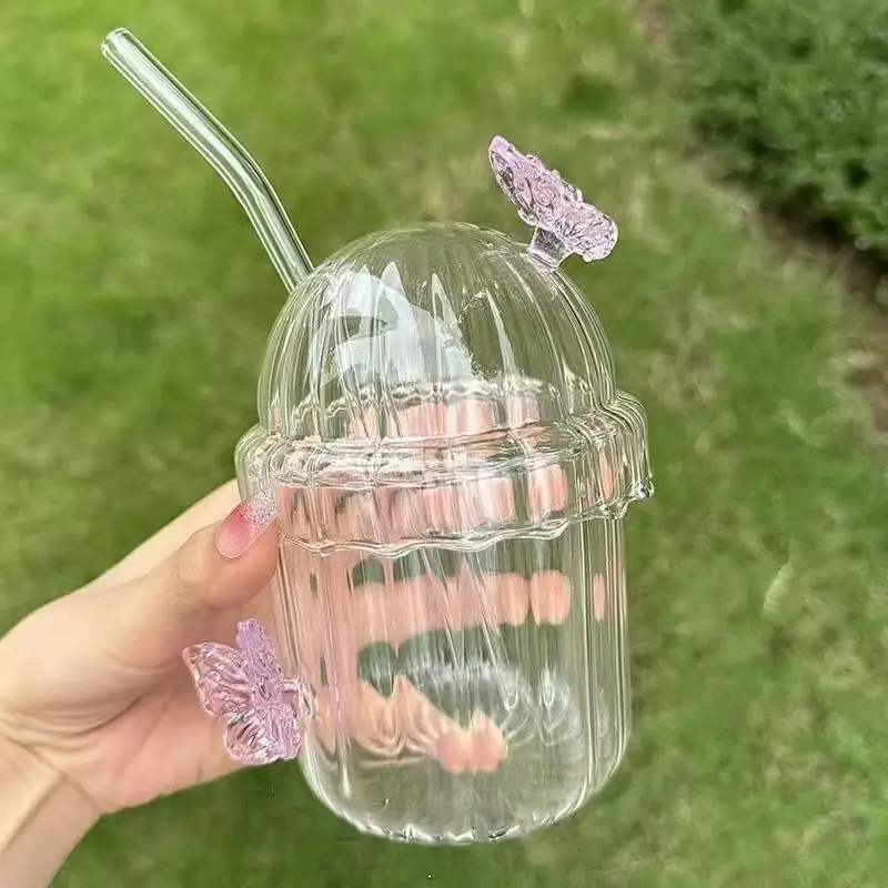 200/400ML Korean Style Glass Cup Butterfly Design Round Glass Drinkware Heatable for Coffee Milk Hot Cold Drinks Juice Cup