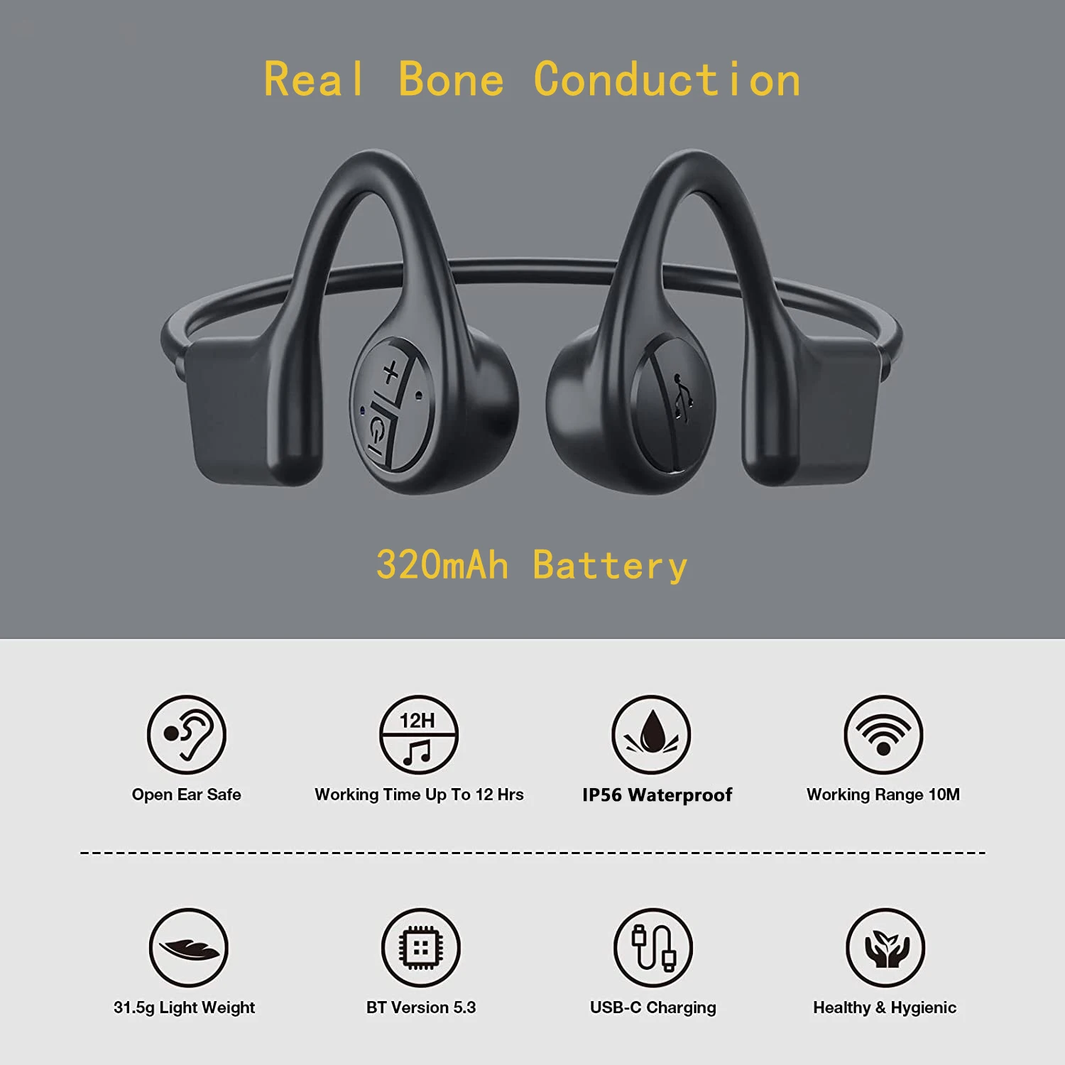 

Bluetooth Sport Headset Bone Conduction Wireless Open Ear Long Playtime IP55 Sweatproof with Built-in Mic for Sports