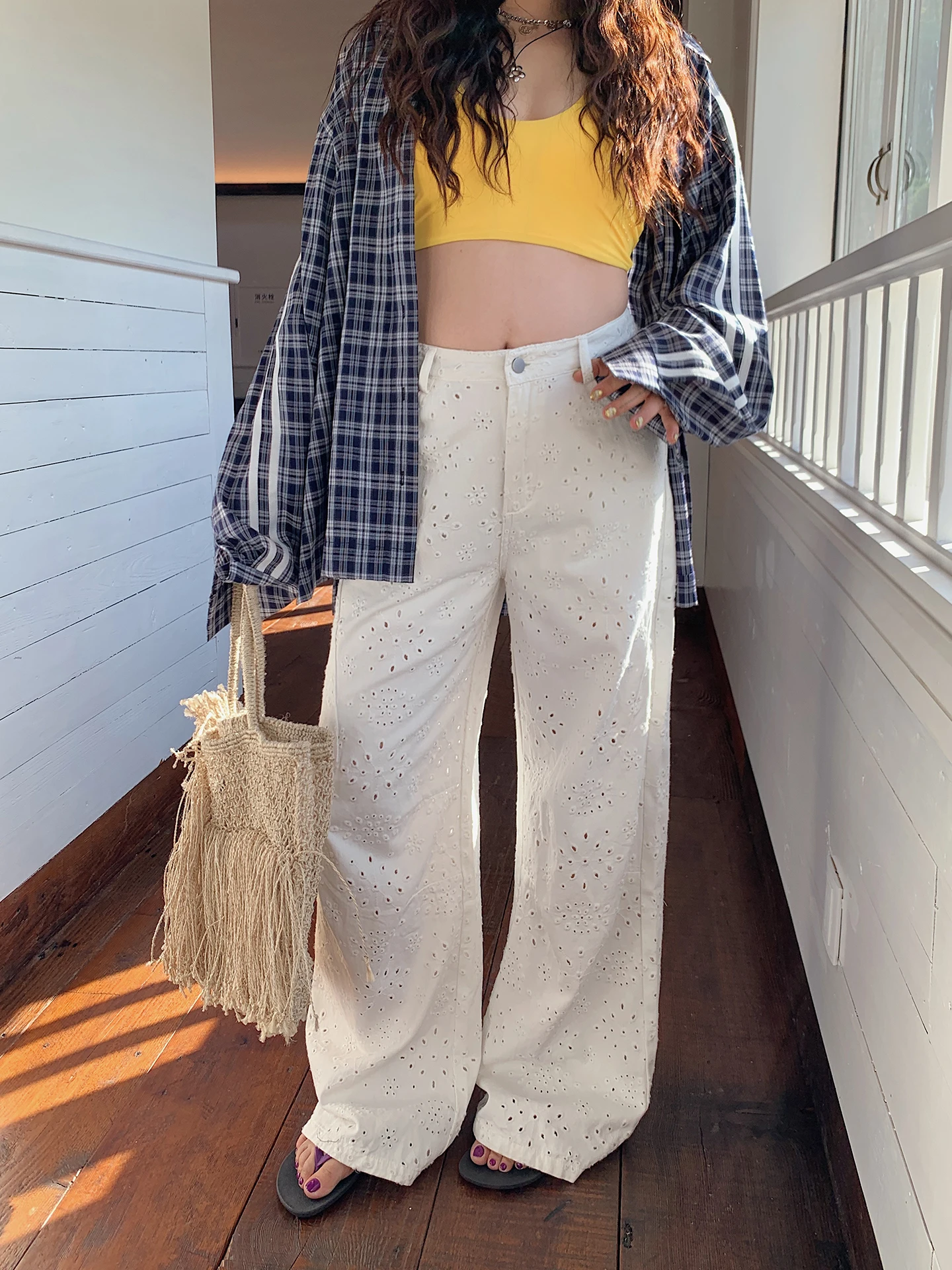 

Korean Sle High Waist Wide Leg Casual Pants Women's Lace Trimmed Slim Fit Summer New Arrival plus Size White Thin Long Trou...