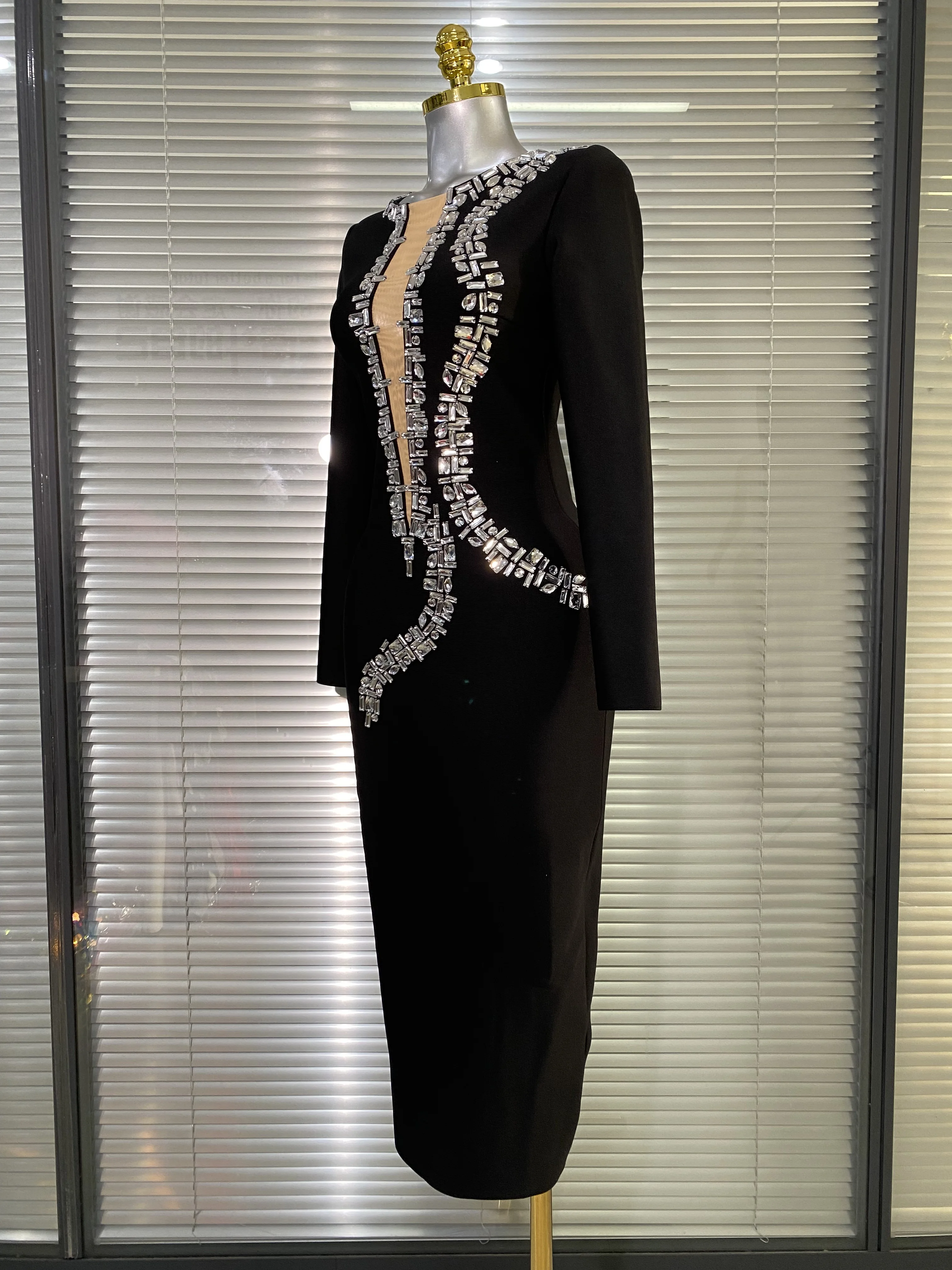 Luksusowa, błyszcząca sukienka maxi z długim rękawem, zdobiona diamentami, seksowna, patchworkowa, bandażowa, w stylu gwiazd, idealna na urodziny, imprezę, studniówkę, vestido.