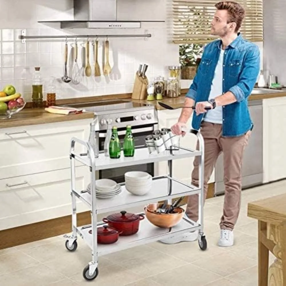 

Stainless Steel 3 Shelf Utility Service Cart Inch Kitchen Island Trolley 360°Rotation Catering Storage Cart with Locking Wheels