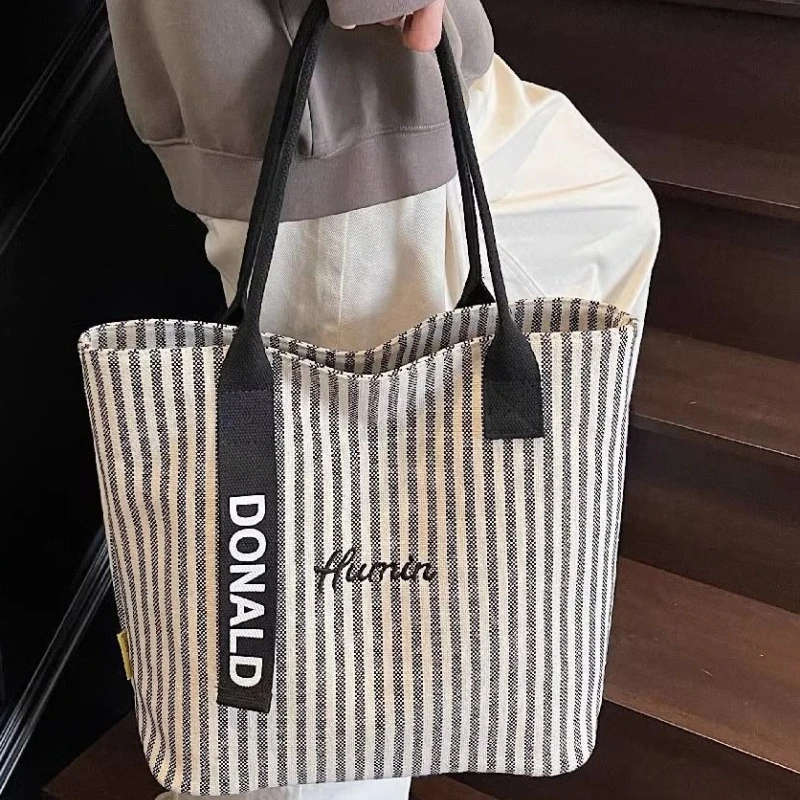 Stripe Canvas Tote Bag Large Capacity Shoulder Bags, Casual Reusable Shopper Bag for Women Daily Shopping School Commute Travel,