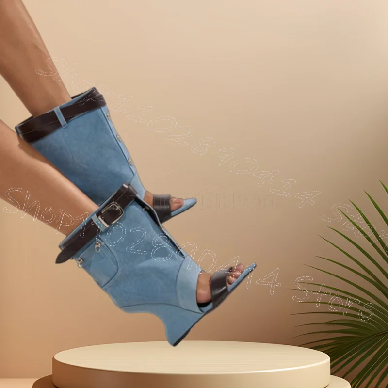 

Blue Denim Belt Fastener Strange Style Heel Boots Buckle Strap Women Shoes Open Toe Party Feast Dating 2026 Zapatos Para Mujere