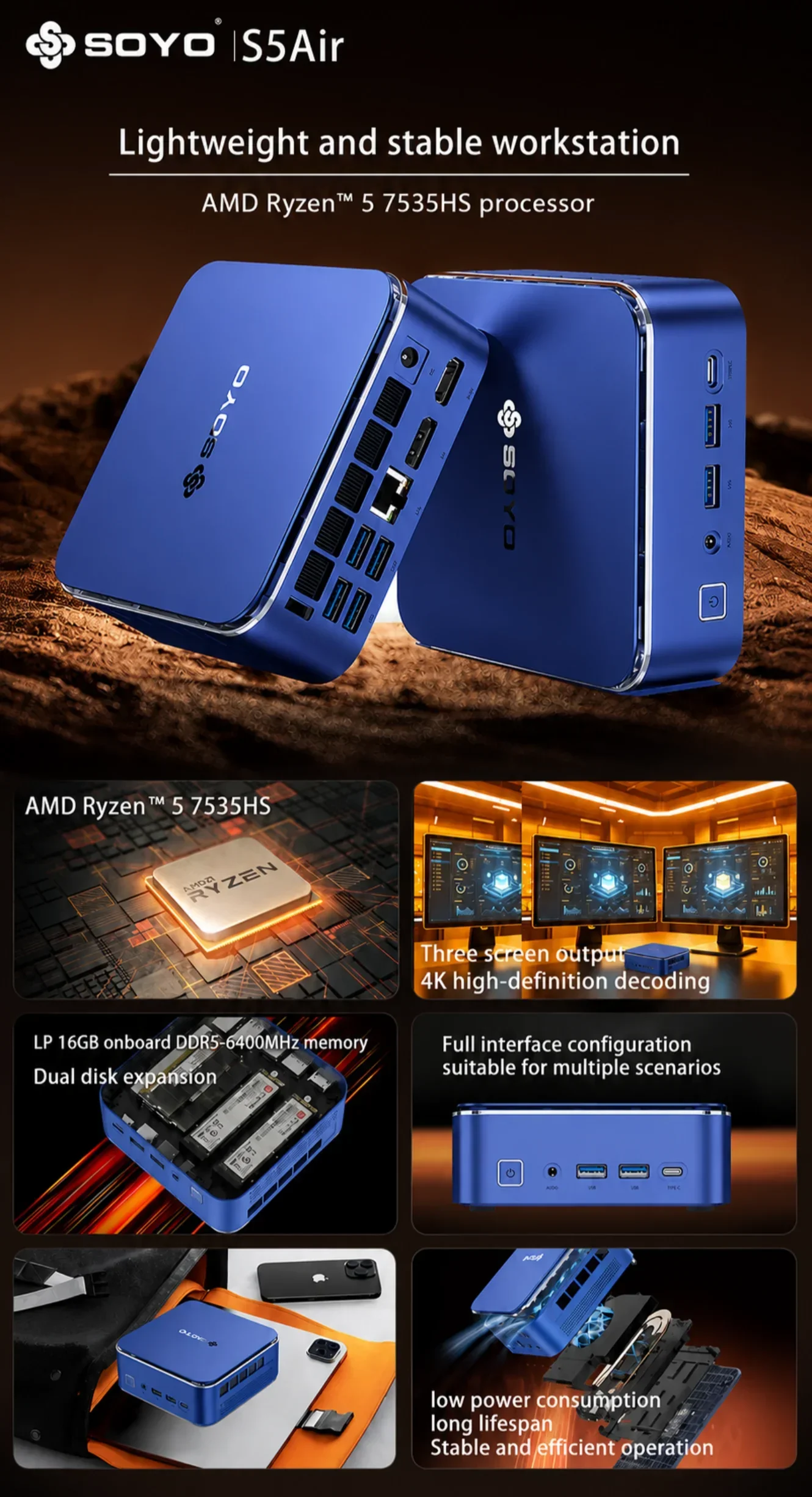 SOYO S5 Air Gaming Mini PC Ryzen 5 7535HS 16GB RAM LPDDR5 512GB NVME SSD Desktop Computers Office Home Triple 4K Display WiFi 6