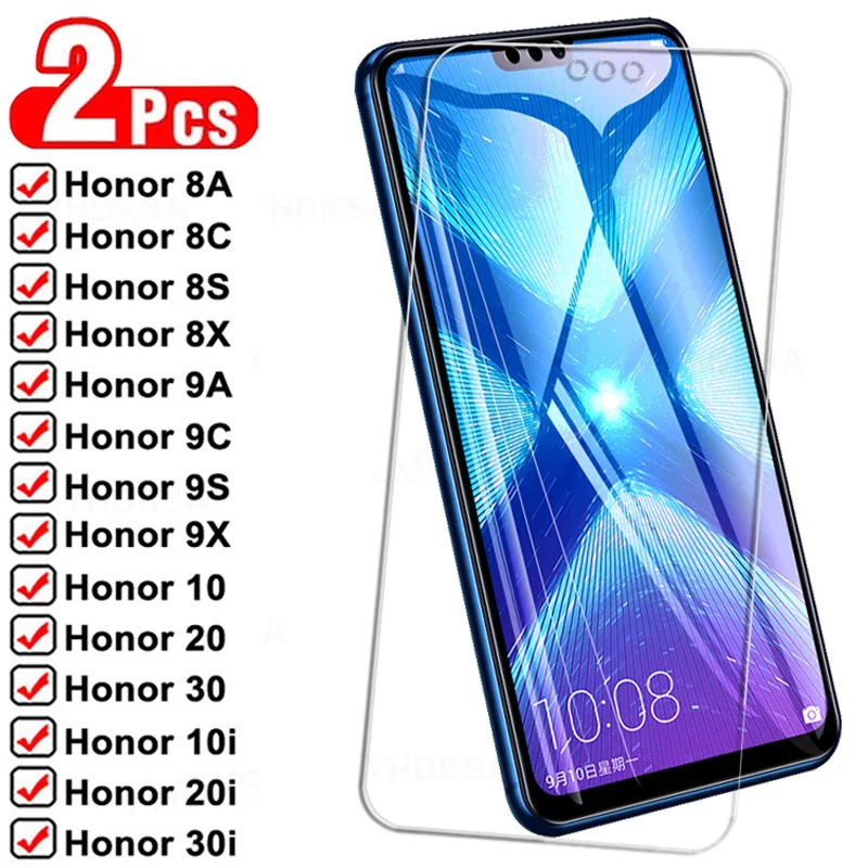 2pcs Tempered Glass For Huawei Honor 8X 8A 8C 8S 9A 9C 9S 9X Screen Protector On Honor 10 20 30 Lite 10i 20i 30i Protective Film