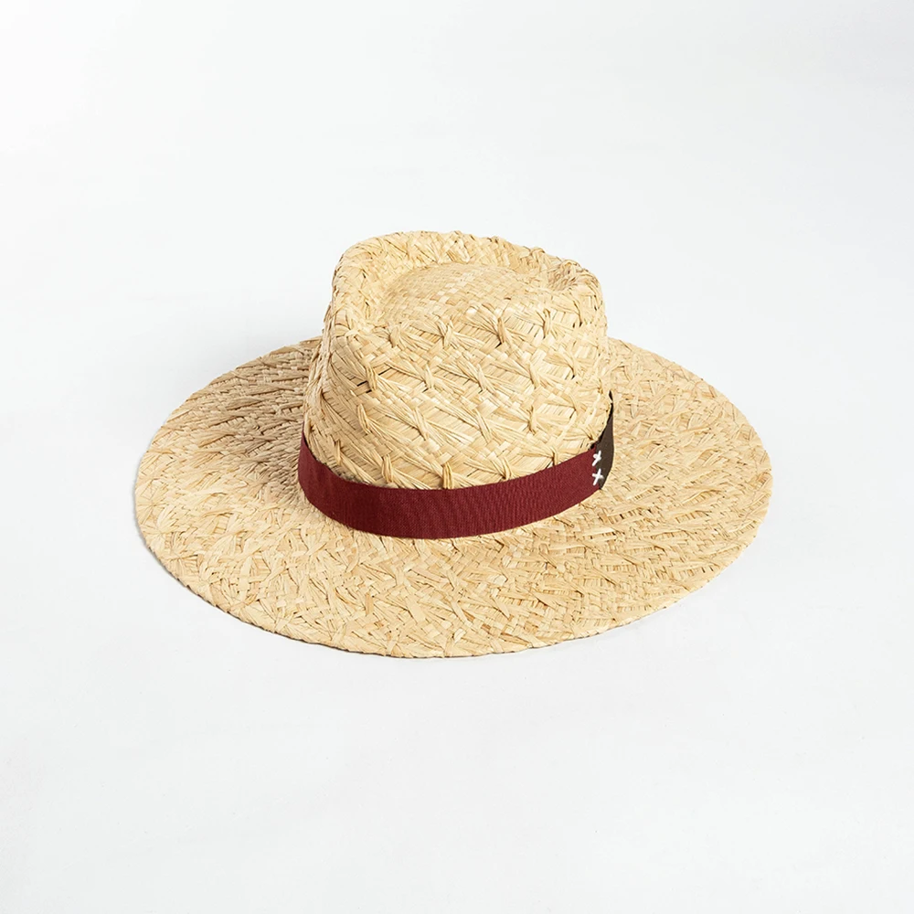 

Spring/summer double color ribbon hand-braided pattern Raffia large overhang jazz hat outdoor travel sun protection hat