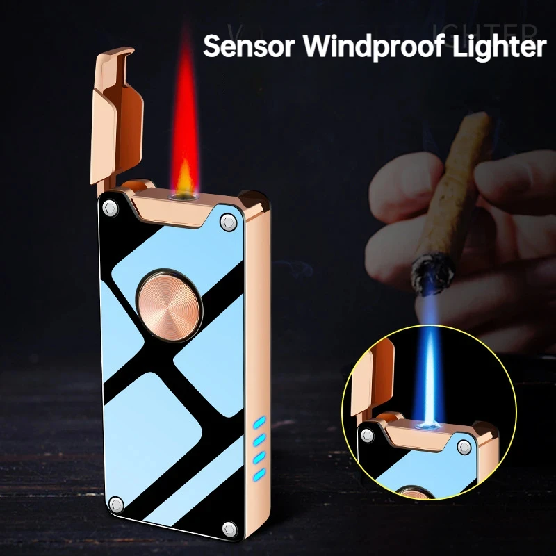 Metal Gas Electric Lighter Outdoor Windproof Red Flame USB Rechargeable Plasma Sensor Lighter Cigarette Accessories Men's Gifts