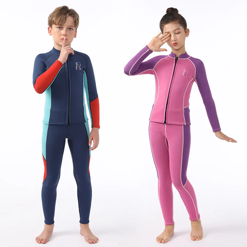

STLF New 3mm Thickened Two-Piece Long-Sleeve Children's Wetsuit for Boys and Girls Cold-Proof Surfing Training Suit with Front L