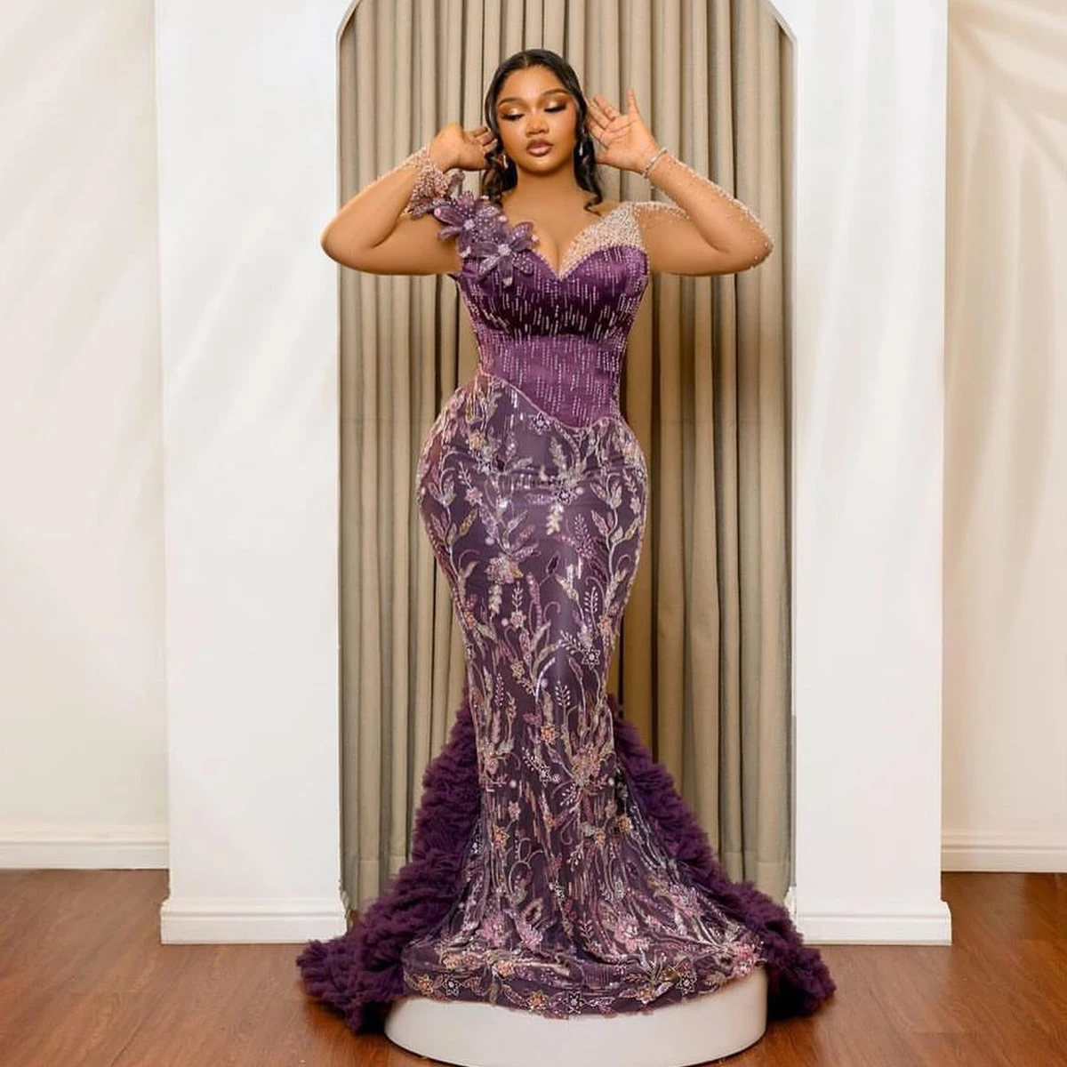 Gorgeous Embroidered Flower African Evening Dresses Plus Size African Beaded Prom Dress Purple Aso Ebi Wedding Party Gowns 2024