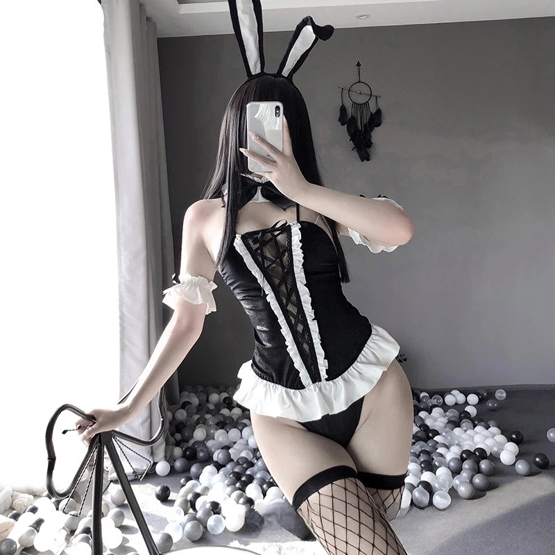 

Women Lingerie Exotic Sets Home Sleeping Nightwear One-piece Bodysuit Rabbit Ear Bandage Bunny Girls Cosplay Role Play Uniform