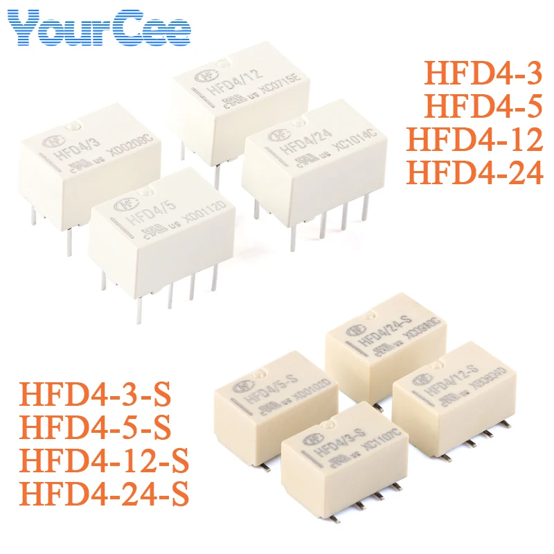 2PCS Mini Signal Relay HFD4 HFD4-S HFD4-3 HFD4-5 HFD4-12 HFD4-24 3VDC 3V 5V 12V 24V 8 Pin Direct Insertion