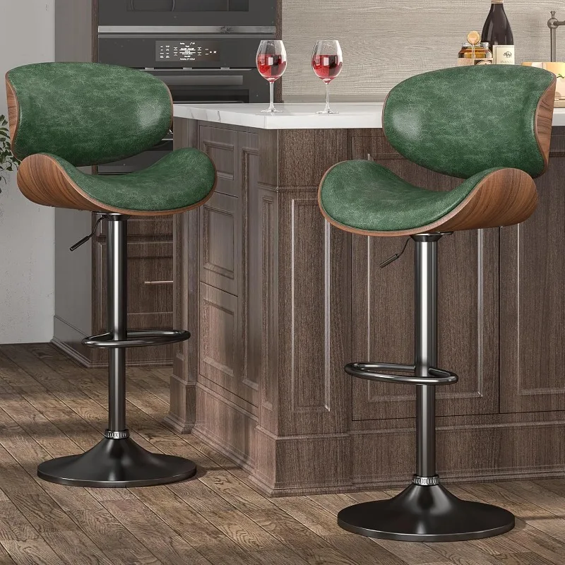 Bar Stools Set of 2, Bentwood Adjustable Height Swivel Bar Stools, PU Leather Upholstered Bar Chair with Back and Footrest