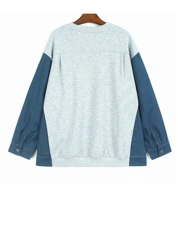 رمادي الدنيم اللون كتلة البلوز جديد جولة الرقبة طويلة الأكمام المرأة كبيرة الحجم أزياء المد ربيع الخريف #2