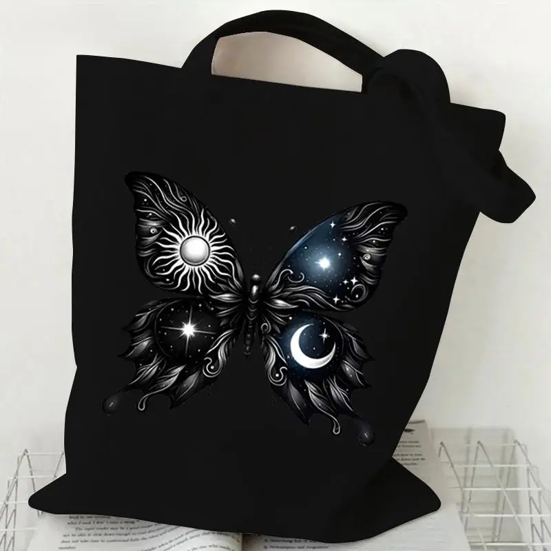 

Korean Style Black Sun Moon Butterfly Canvas Tote Bag Celestial Mystical Aesthetic Reusable Shoulder Bag for Women Shopping