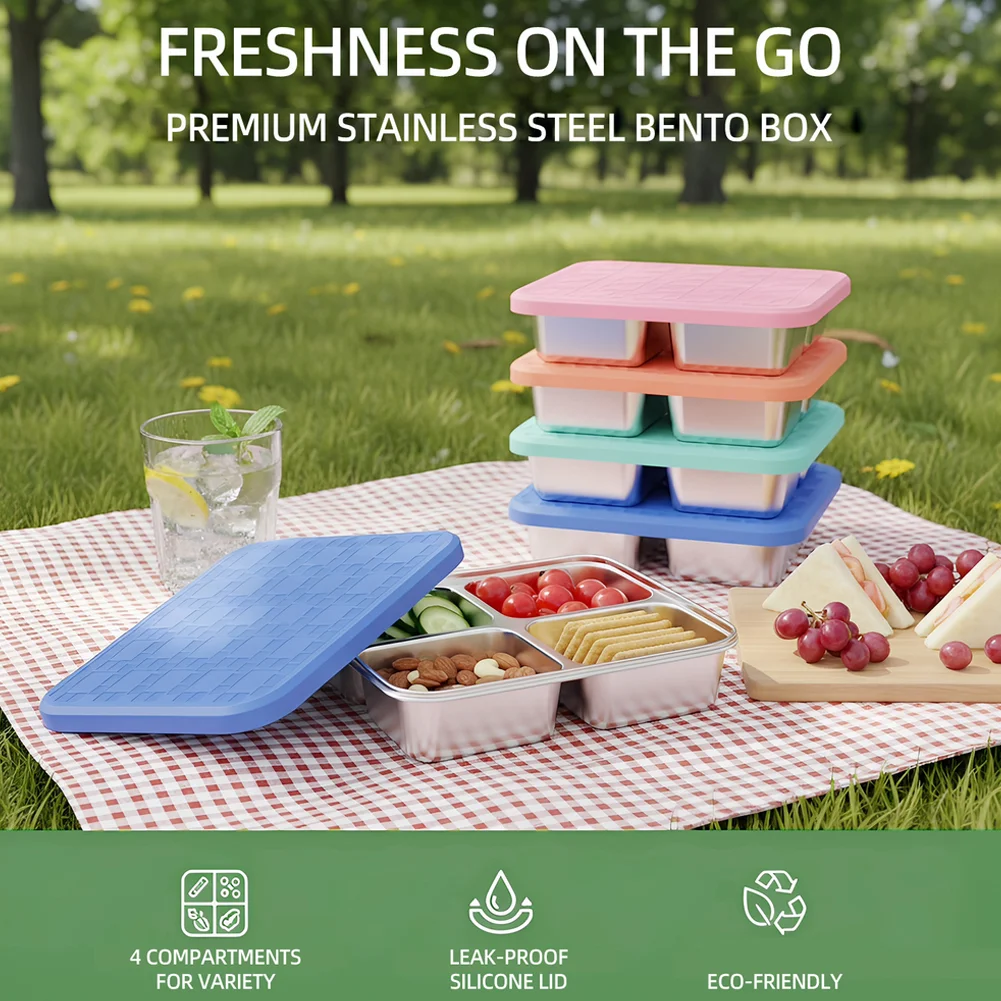 Meal Prep Friendly Stainless Steel 4 Compartment Box with Clear Visual Segmentation for Portion Management and Balanced Eating