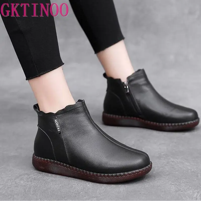 GKTINOO Genuine Cow Leather Women Ankle Boots Plush Warm Flat Comfortable Booties Autumn Winter Shoes Platform Large Size 34-43