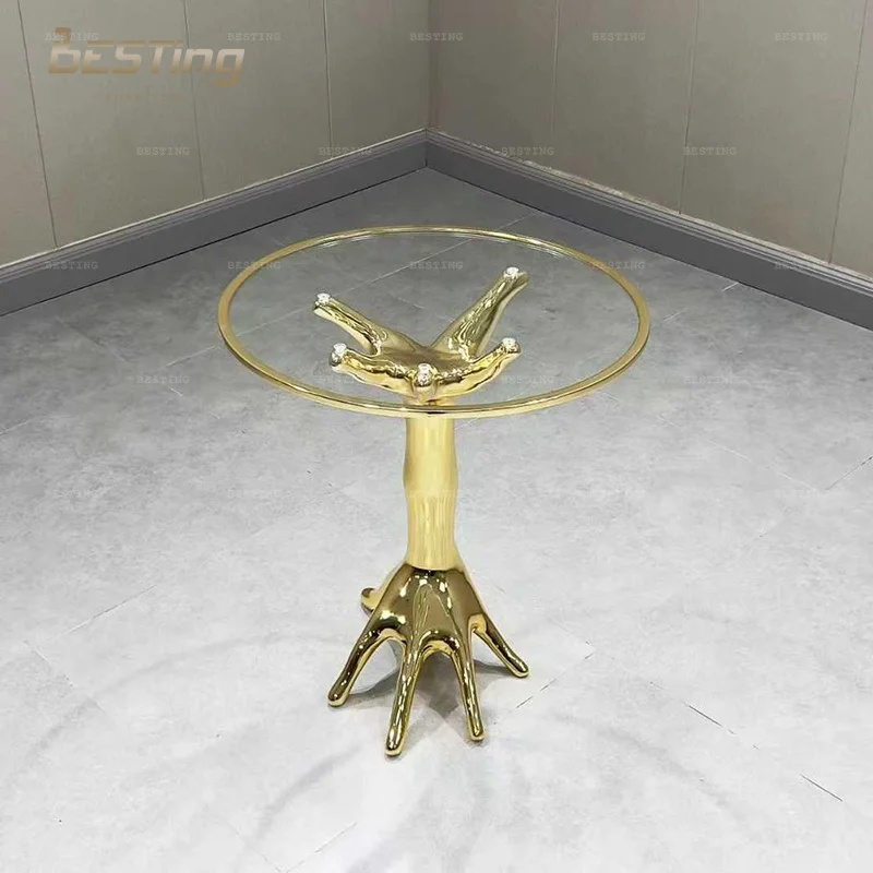 Modern Design Custom Living Room Sofa Side Table Gold Stainless Steel Glass Top Coffee Table